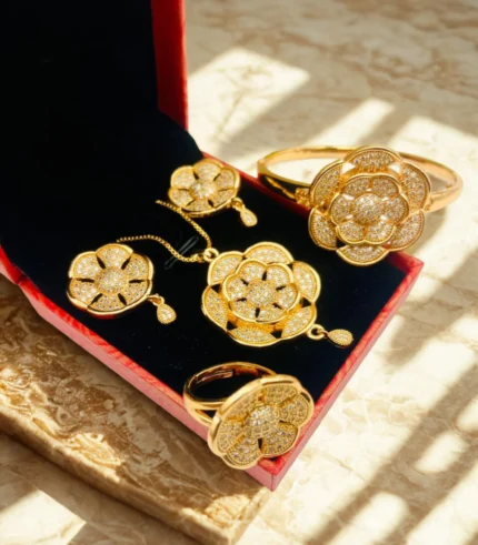 Flower Design Gold Plated Micro Zircon Combo Set – Adjustable Rings & Openable Bangles