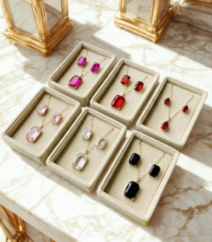 Gold Plated Zircon Locket Set for Women – Necklace & Earrings Combo (Multiple Colours)