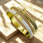 Full Zircon Nail Bracelet for Women – Stainless Steel Luxury Handcuff Bangle (Gold & Silver)