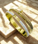 Full Zircon Nail Bracelet for Women – Stainless Steel Luxury Handcuff Bangle (Gold & Silver)
