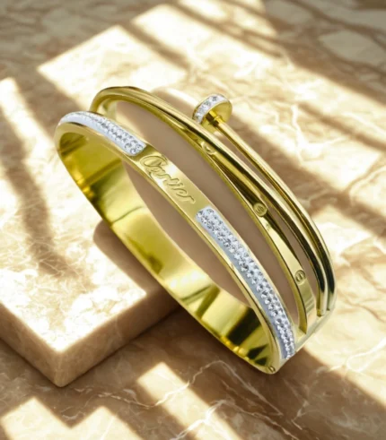 Full Zircon Nail Bracelet for Women – Stainless Steel Luxury Handcuff Bangle (Gold & Silver)